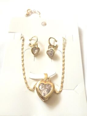 Gold Heart Pendant Necklace and Earrings Set with Clear Crystals